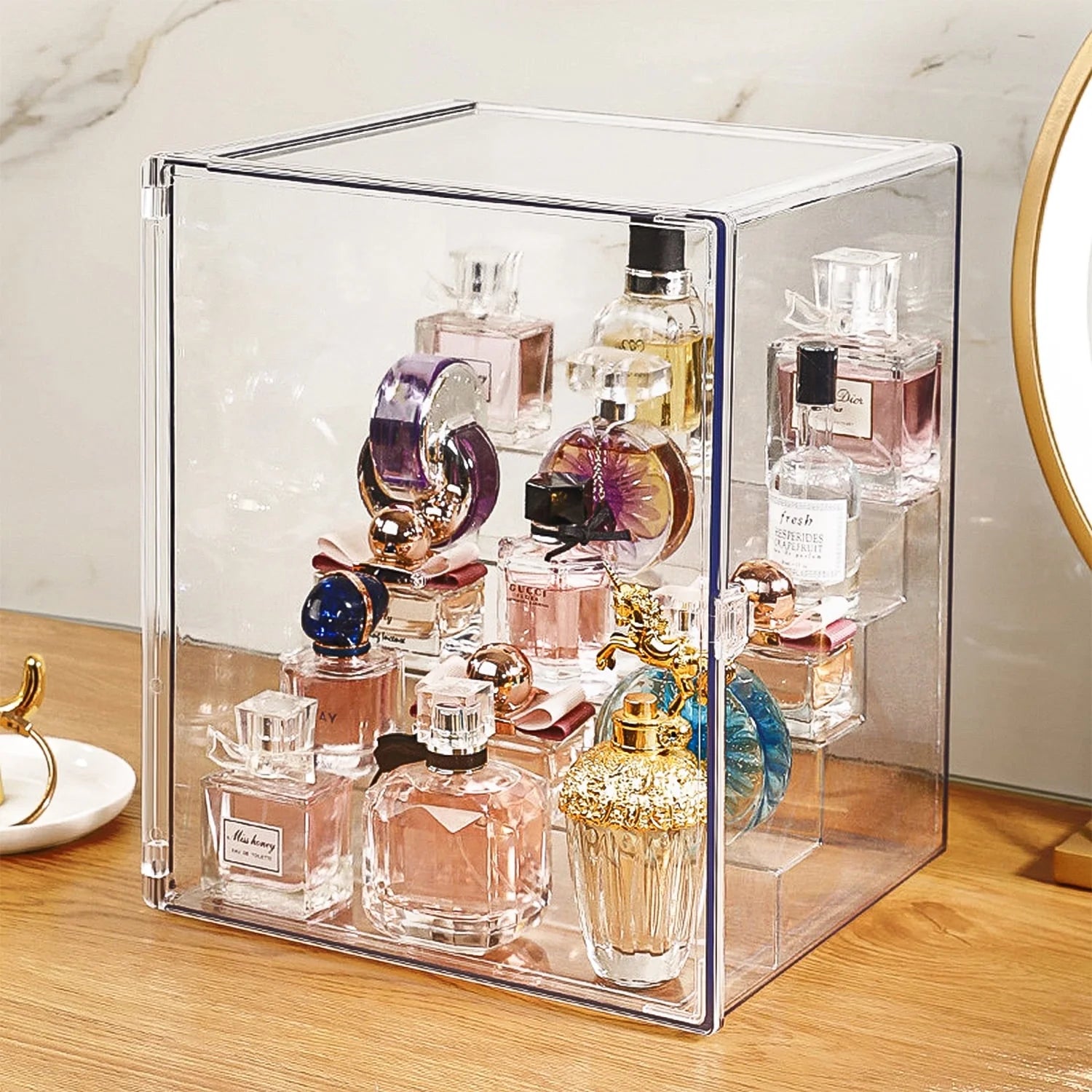 Clear Acrylic Display Case, 5 Tier Perfume Stand Makeup Organizer Storage Stand Riser Luxury Display Box Storage with Door Dustproof for Mini Figure, Collectible, Toys, Cosmetics
