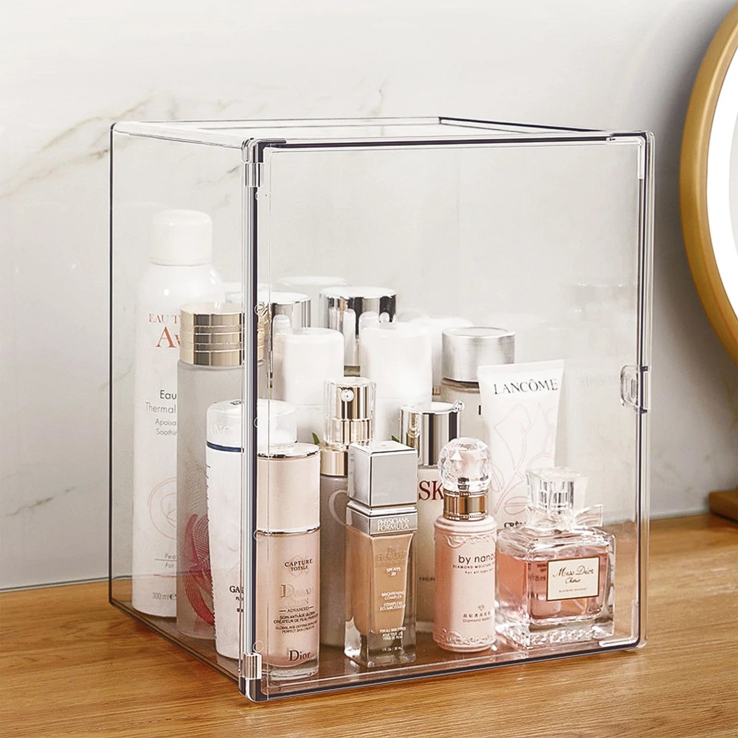 Clear Acrylic Display Case, 5 Tier Perfume Stand Makeup Organizer Storage Stand Riser Luxury Display Box Storage with Door Dustproof for Mini Figure, Collectible, Toys, Cosmetics