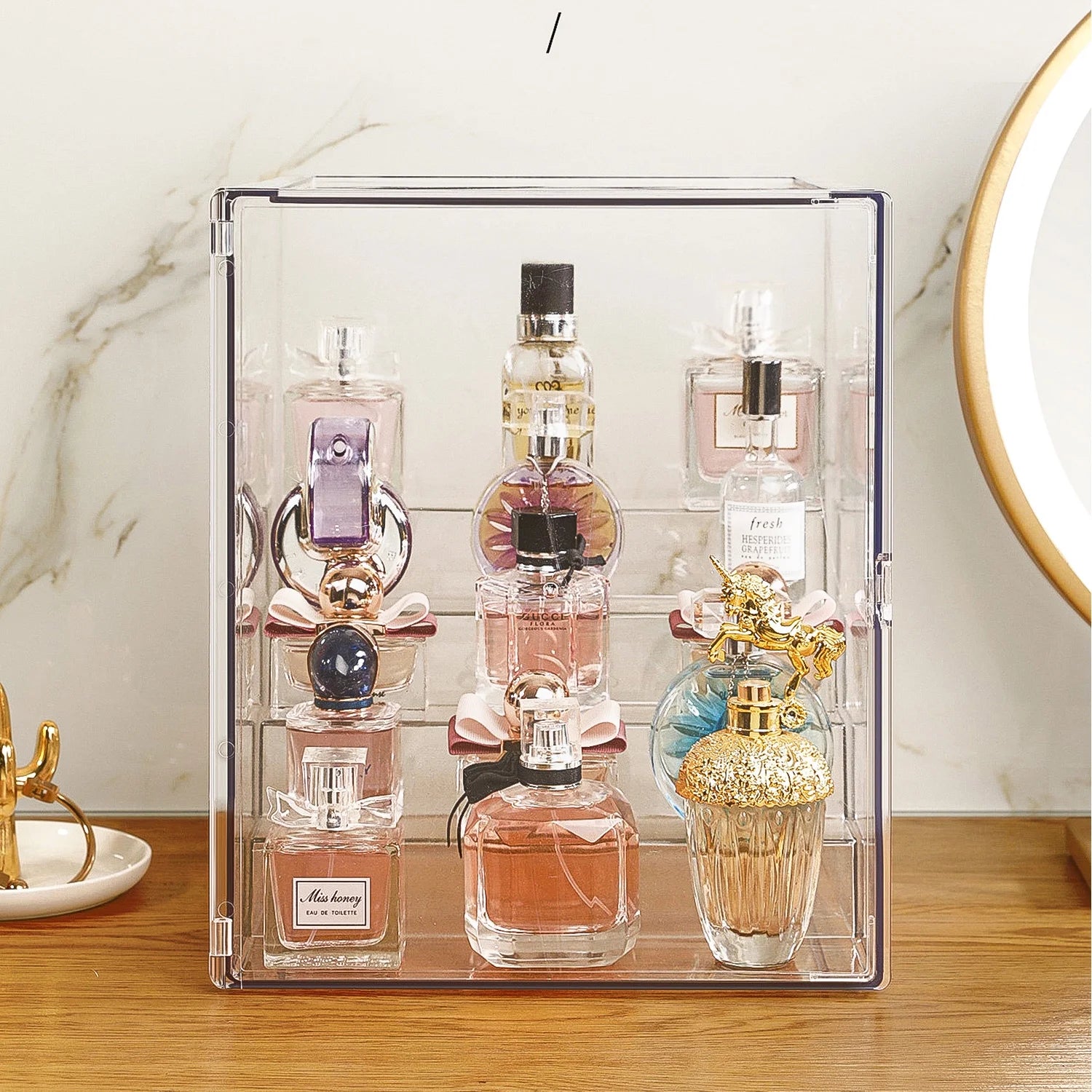 Clear Acrylic Display Case, 5 Tier Perfume Stand Makeup Organizer Storage Stand Riser Luxury Display Box Storage with Door Dustproof for Mini Figure, Collectible, Toys, Cosmetics