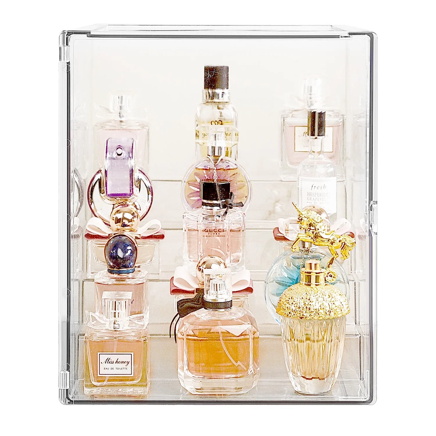 Clear Acrylic Display Case, 5 Tier Perfume Stand Makeup Organizer Storage Stand Riser Luxury Display Box Storage with Door Dustproof for Mini Figure, Collectible, Toys, Cosmetics